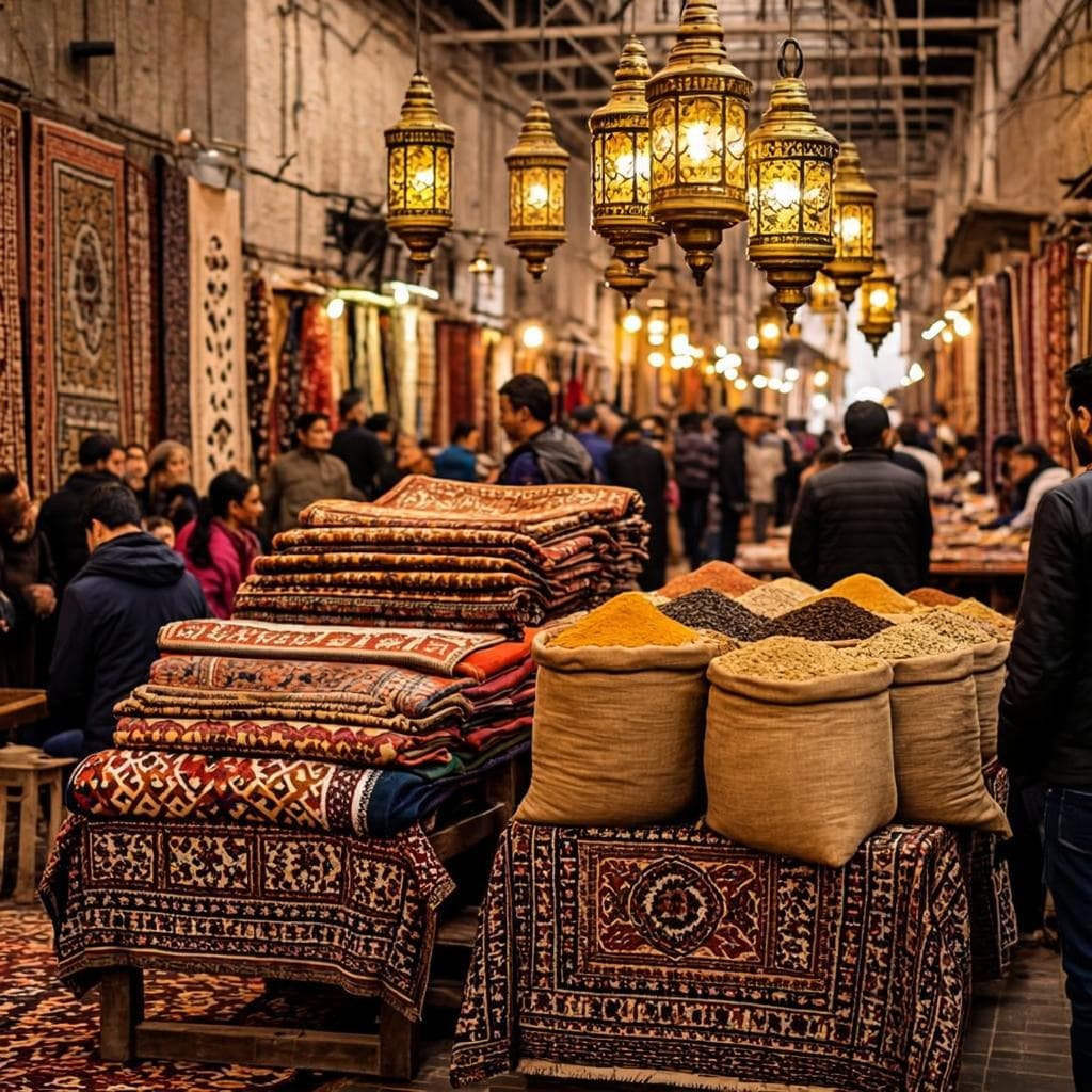 Silk Road bazaar with spices and silk