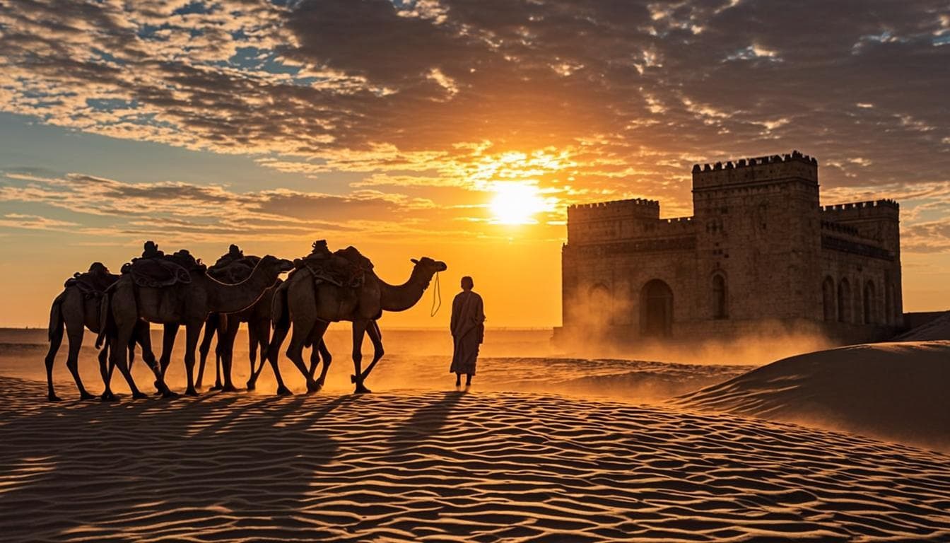 Camel caravan at sunset along the Silk Road